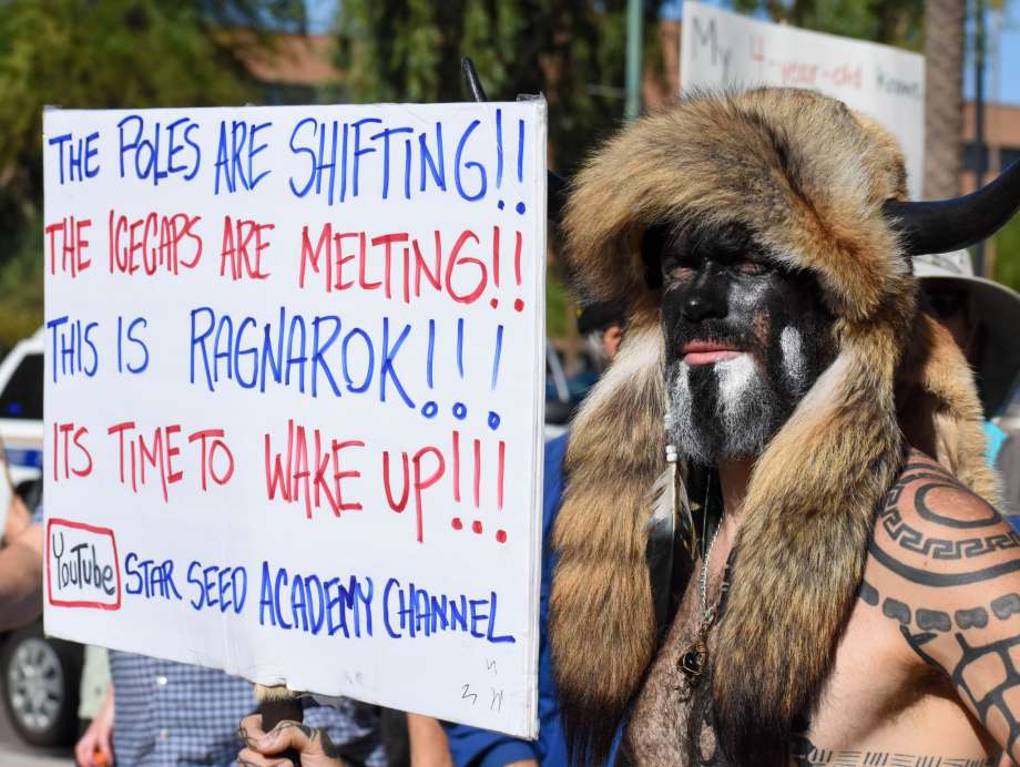 The so-called "Q Shaman," whose name is Jake Angeli, seems to be steeped in medievalisms. This is a picture from him at a climate rally recently, with a sign claiming that the climate crisis is "Ragnarok." https://www.lmtonline.com/nation/article/q-shaman-us-capitol-antifa-matt-gaetz-15852663.php