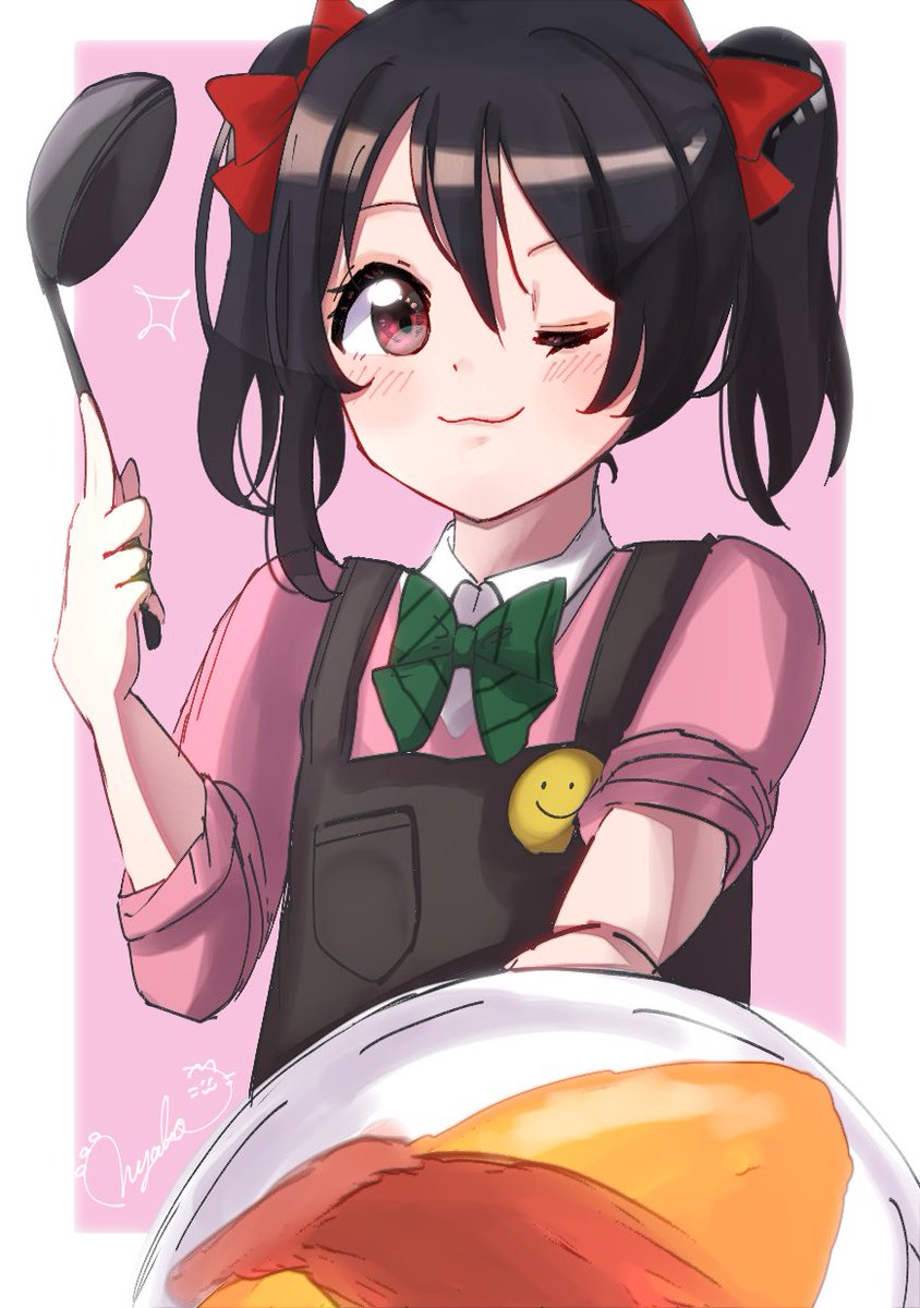 yazawa nico 1girl one eye closed black hair omelet twintails solo plate  illustration images