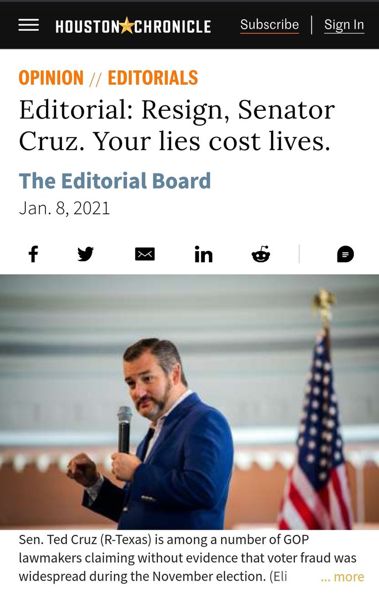 markpoloncarz's tweet photo. Ted Cruz is the worst type of demagogue: he knows he is pedaling lies to stoke fear in others, whipping them into a frenzy for his political advantage. Today the conservative @HoustonChron called on him to resign for his role in the attack on the Capitol.  https://t.co/bb3W1o1GlB https://t.co/XAQQLIBWW3