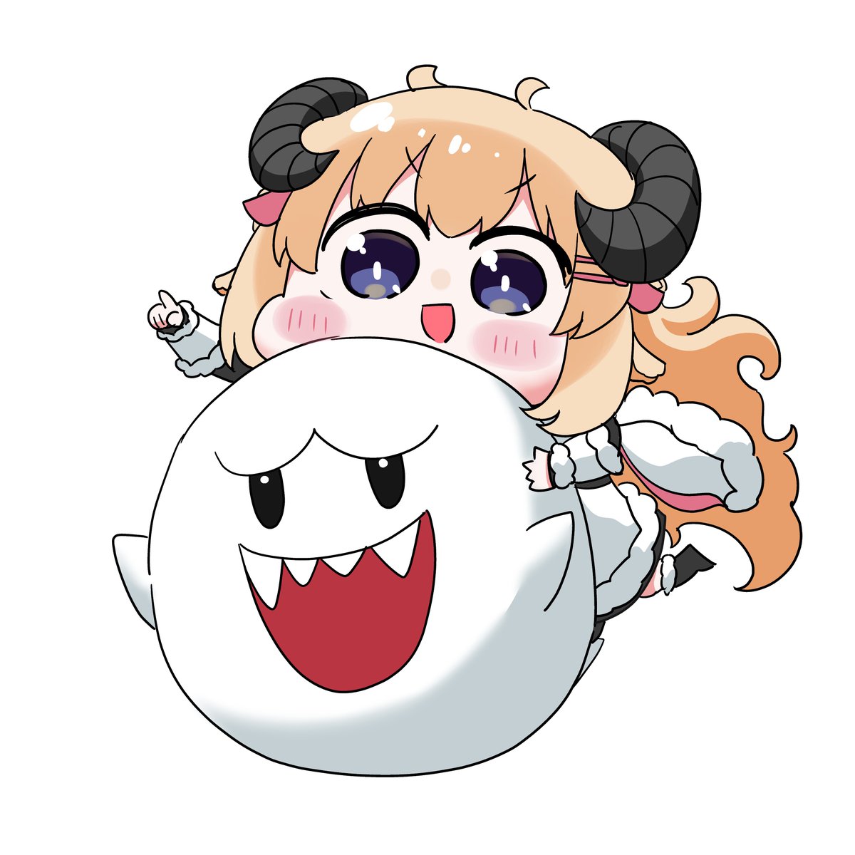 tsunomaki watame 1girl horns blonde hair chibi sheep horns white background long hair  illustration images