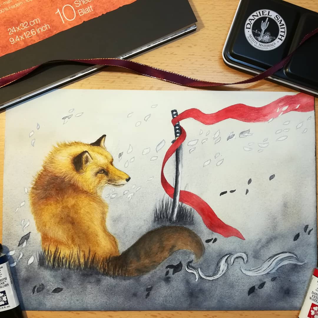 VariedWings's tweet photo. Hello Twitter! I took some time off but let us try again. It's time to share some art again 🦊🌸
Inspired by the game Ghost of Tsushima 

#artistsontwitter #watercolour #painting #danielsmith https://t.co/YPkyjH6nPm