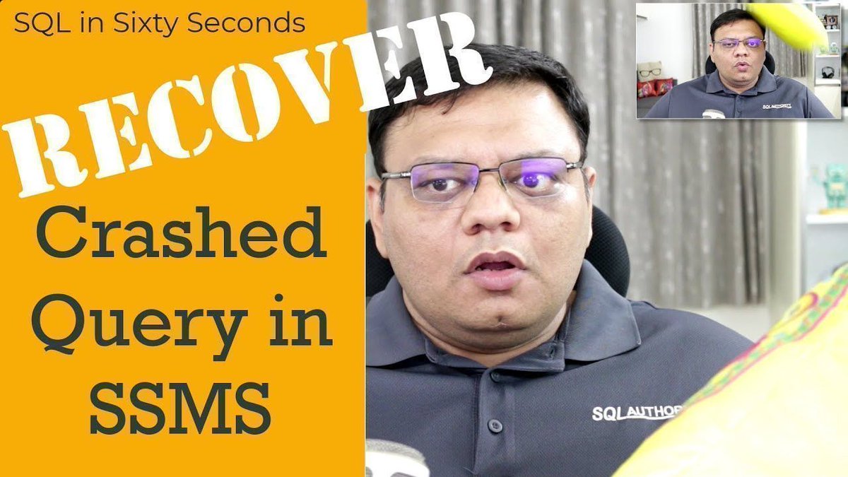 pinaldave's tweet image. This video will help you to recover your crashed query in SSMS.
bit.ly/37BMjRV
#SQLServer #PerformanceTuning #SQLAuthority