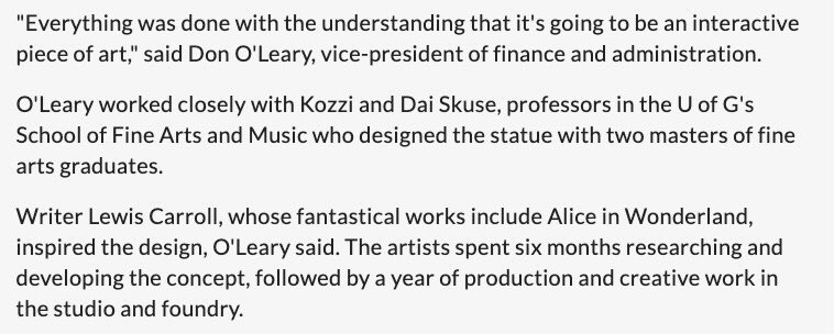 Eventually I found a local Tribune, unaffiliated with the school, that at least mentioned Lewis Carrol, the writer of Alice in Wonderland, as the inspiration. But that’s not even really proper credit for John Tenniel, as they.... aren’t the same person.