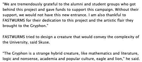 So I thought, okay, both of these statues are based on this illustration!But not quite. See, there’s tons of articles about the Gryphon at Guelph, because it’s a school centerpiece. But every one only hailed the design work by FASTWURMS, and no source mentioned John Tenniel.