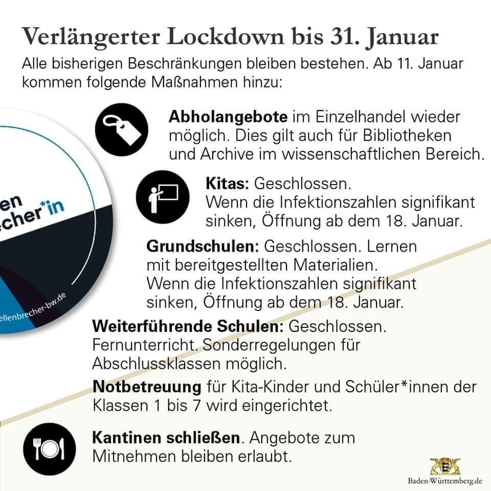 #bbmeldung: Verlängerung des Corona-Lockdowns bis aktuell 31. Januar 2021

ℹ️ Unter boeblingen.de/corona-virus haben wir alle Details angepasst und ausführliche Übersichten veröffentlicht. 

#stadtbb #stadtböblingen #böblingen #dagersheim #corona #covid19 #lockdown