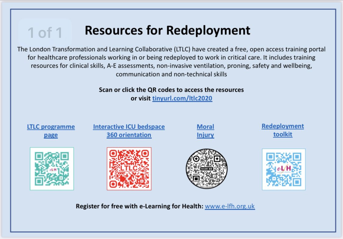 Being redeployed or worried you might be? 
Free open access resources for all professions, specialties and grades to prepare. #NHSLTLC
Interactive version available to download from at tinyurl.com/ltlcinfographic
#covid19 #redeployment #FOAMed