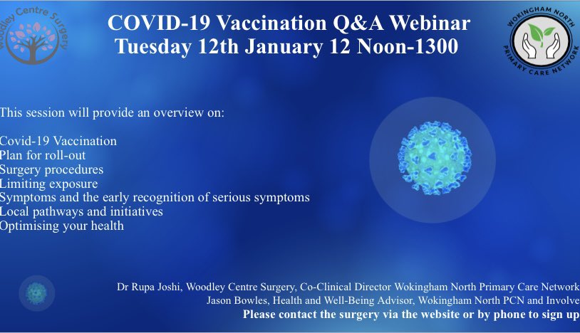 DrRupaJoshi1's tweet image. #Woodleycentresurgery /#WokinghamNorthPCN are holding a Q&amp;amp;A Webinar for patients on Covid vaccination. We will be discussing- roll out, consent, what to expect and local initiatives #virtualgroupconsultations @ELCworks @redmoorhealth @CdsPcn @BerksWestCCG #timeforcare @NHSConfed