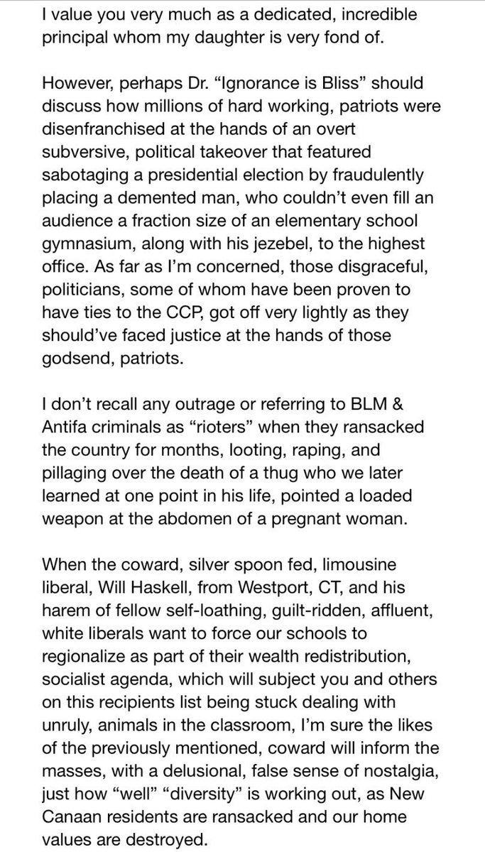 Second, this isn’t just Lectern and Viking Guy and a deranged President. This letter was sent by a parent in New Canaan whose child’s teacher had offered suggestions on how to talk to kids about the attack. Every sentence is provably untrue and filled with hate and violence. 3/9