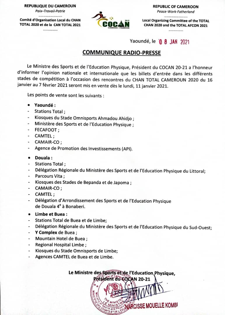 PRESS RELEASE ON TICKETING OF THE TOTAL CHAN CAMEROON 2020

COMMUNIQUÉ DE PRESSE SUR LA BILLETTERIE DU TOTAL CHAN CAMEROUN