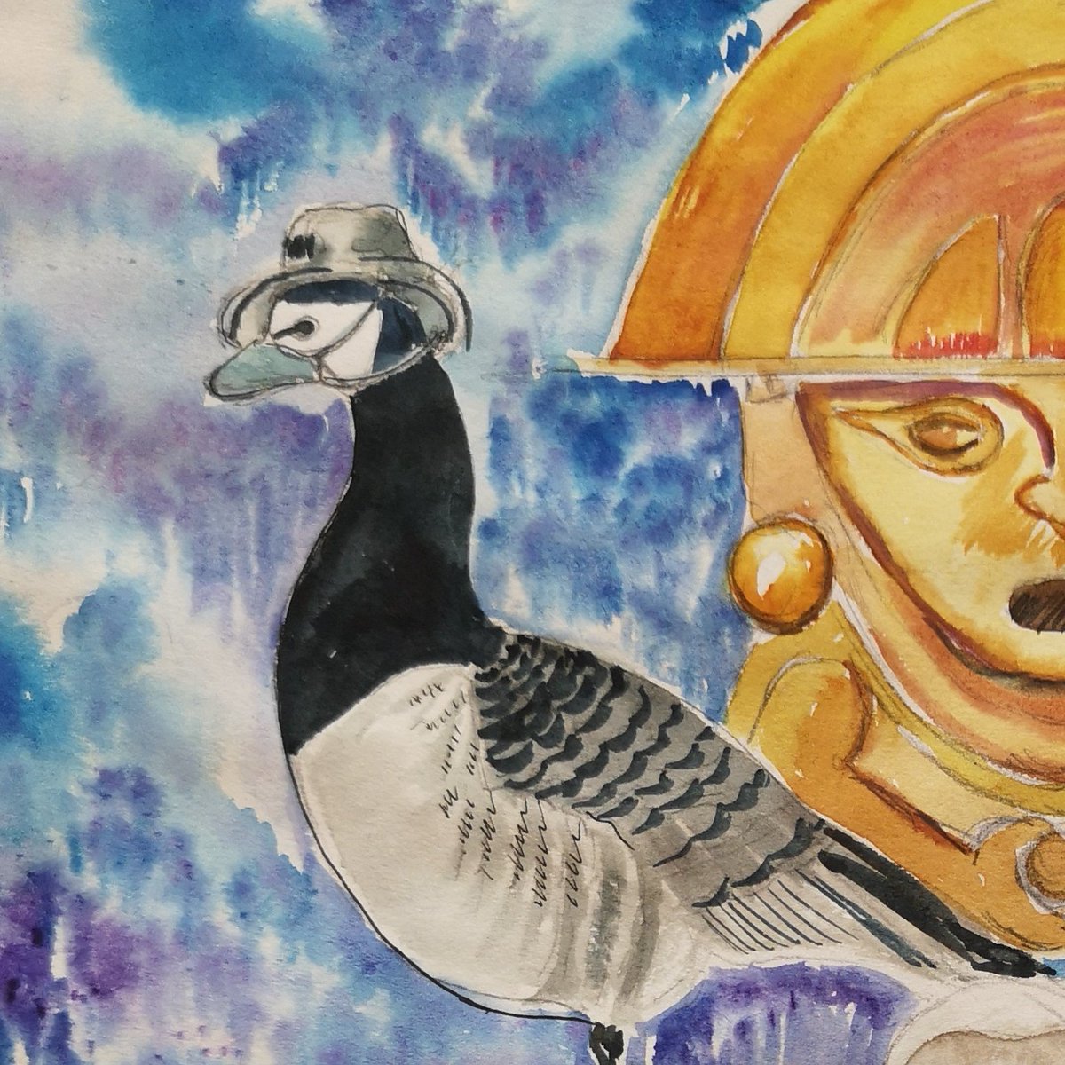 artofthewake's tweet photo. Detail: Page 423 #FinnegansWake "when he made his boo to the public and barnacled up to the eyes " #bootoagoose The barnacle goose is wearing Norah's hat. #JamesJoyce https://t.co/gWmJgwigN6