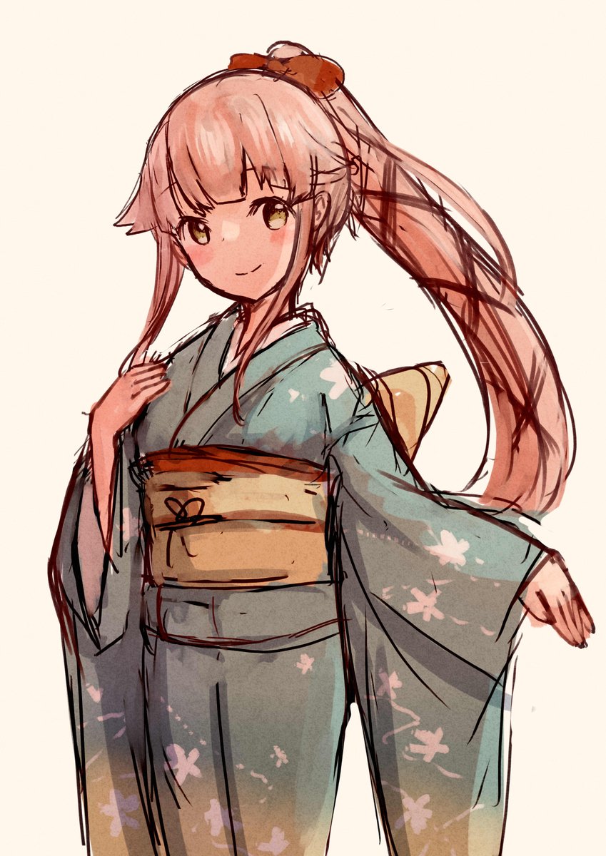 yura (kancolle) 1girl solo japanese clothes long hair kimono pink hair ponytail  illustration images