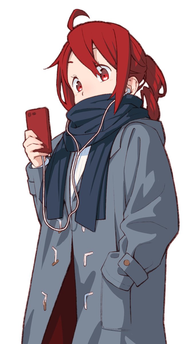 1girl earphones phone scarf solo red eyes red hair  illustration images