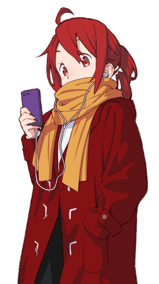 1girl earphones phone scarf solo red eyes red hair  illustration images