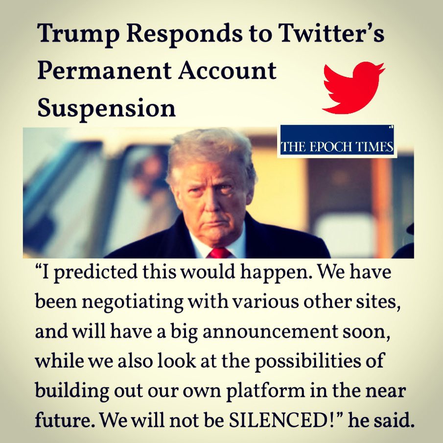 Trump responde twitter e diz que fará grande anúncio em breve. Ele estuda também a possibilidade de criar sua própria plataforma de rede social.

Como aconselhou o Presidente dos EUA: 'STAY TUNED!' - FIQUE LIGADO

*Via @EpochTimes 
link.theepochtimes.com/mkt_app/trump-…

ept.ms/DownloadApp