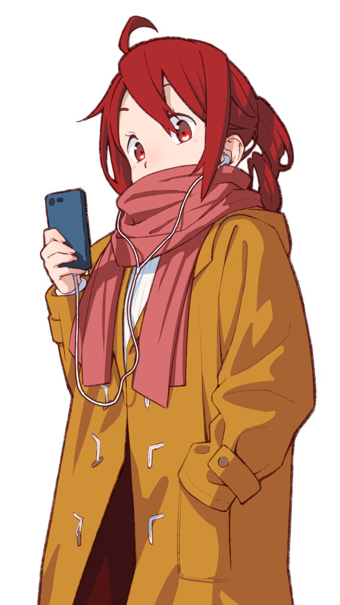 1girl earphones phone scarf solo red eyes red hair  illustration images
