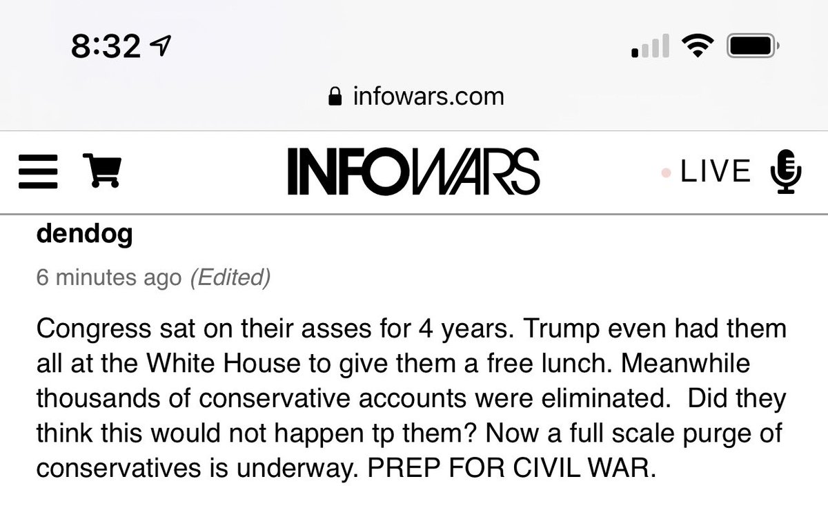 Remember that after  #AlexJones and  #Infowars were  #Banned  #Trump continued to tweet infowars content. These calls to burn down Twitter, to prep for civil war and sick antiSemitism are on infowars TODAY in “moderated” comments to incendiary articles.  #TrumpBanned  #FBI