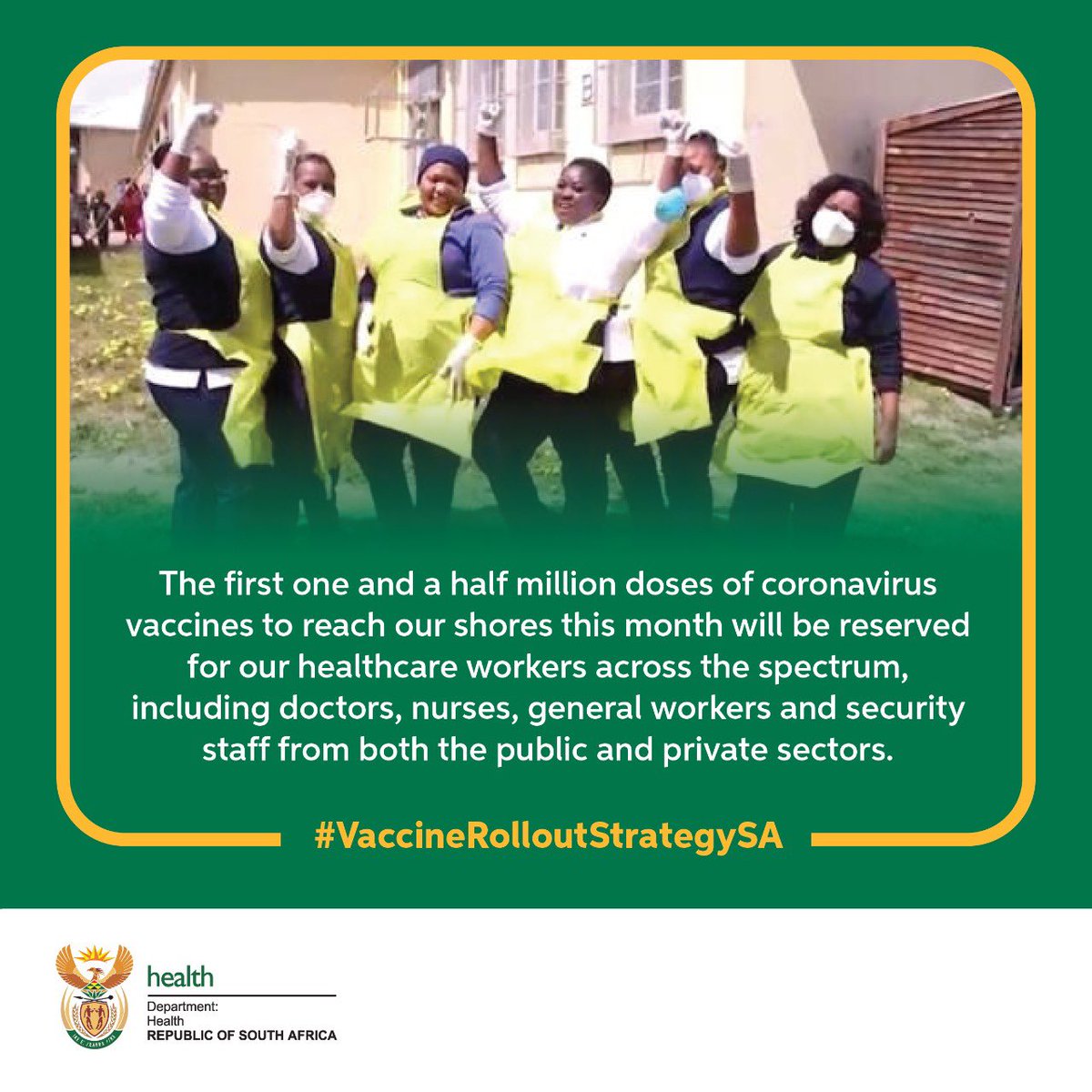 DrZweliMkhize's tweet photo. The first one and a half million doses of coronavirus vaccines to reach our shores this month will be reserved for our healthcare workers across the spectrum, including doctors, nurses, general workers and security staff from both the public and private sectors. #VaccineRolloutSA https://t.co/nvC9J0QLPY