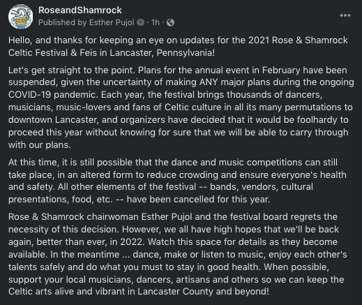 Here is an update from the festival committee for 2021:
#roseandshamrock