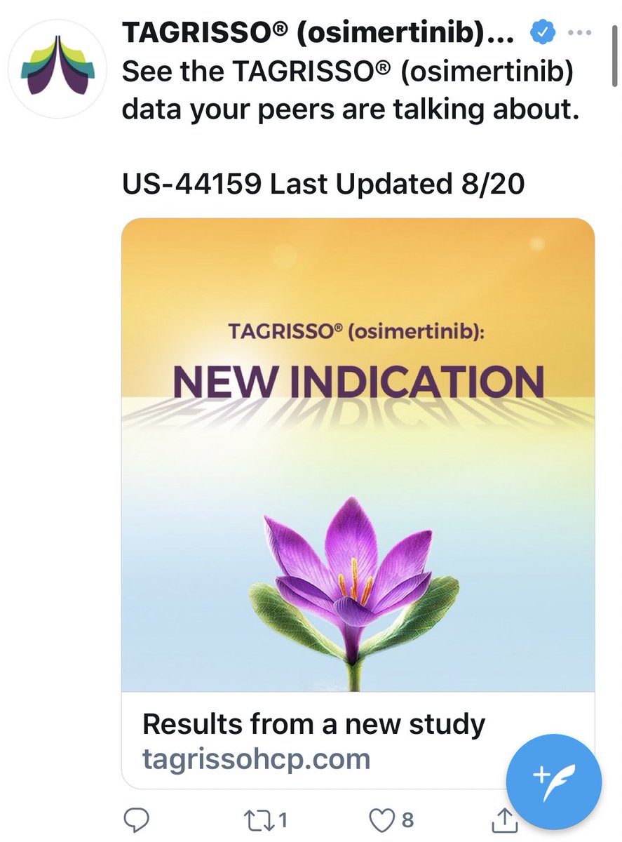 My Mom took this drug. It wasn’t effective for her. This is used to treat a follow-on EGFR mutation in non-small cell lung cancer. I was served up this ad on Twitter one year after she died.