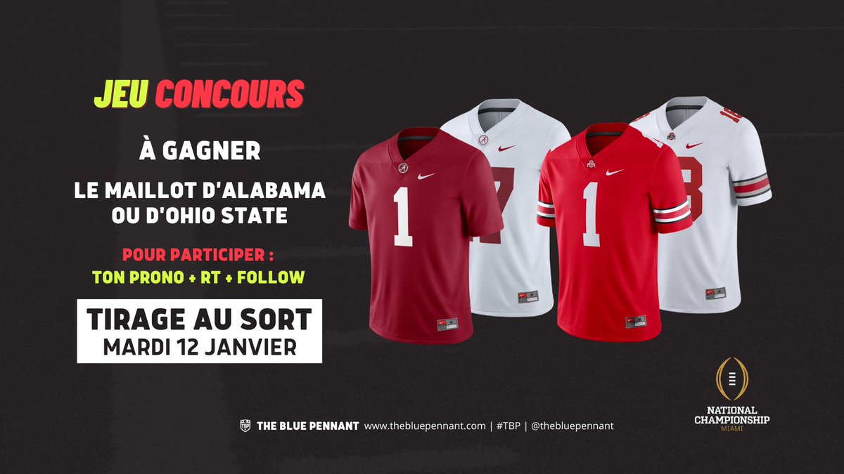thebluepennant's tweet photo. 🚨 JEU CONCOURS 🚨

À l'occasion du #NationalChampionship, on vous donne la possibilité de gagner le maillot d'Alabama ou d'Ohio State.

Pour gagner : 
▫️ Ton prono en réponse à ce tweet. 
▫️ RT + Follow @thebluepennant.
▫️ Tirage au sort parmi ceux qui ont donné le vainqueur. https://t.co/psouFxaCvD