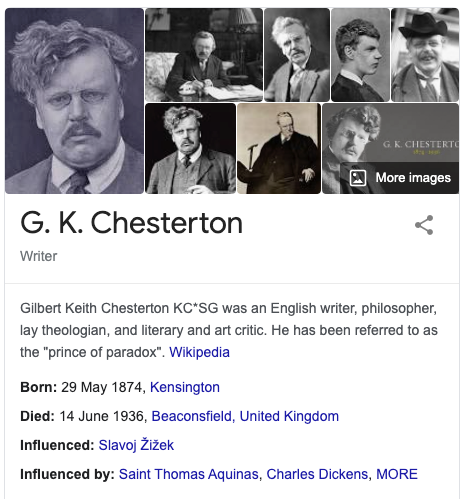amusingly, the Google blurb for GK Chesterton lists him as influencing only Zizek. He was born in London in 1874, worked for a publisher, did some journalism, freelance art and literary criticism, and interestingly, like Shaw, wanted to be an artist rather than a writer6'4  https://twitter.com/visakanv/status/1347918711873699849