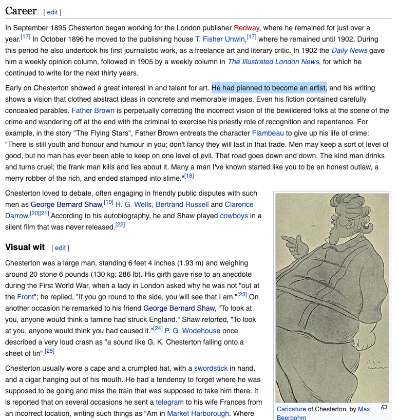 amusingly, the Google blurb for GK Chesterton lists him as influencing only Zizek. He was born in London in 1874, worked for a publisher, did some journalism, freelance art and literary criticism, and interestingly, like Shaw, wanted to be an artist rather than a writer6'4  https://twitter.com/visakanv/status/1347918711873699849