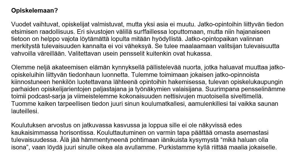 opiskelemaan's tweet photo. Mietityttääkö jatko-opinnot? Syvenny podcastimme avulla eri opiskelualojen kirjavaan maailmaan ja löydä juuri sinun alasi. Ota tiukka ote jostain tukevasta, sillä tulevaisuus saattaa viedä sinut mennessään mitä arvaamattomimpiin paikkoihin. #podcast #opiskelu Tulossa pian! https://t.co/u2Urnerv0o