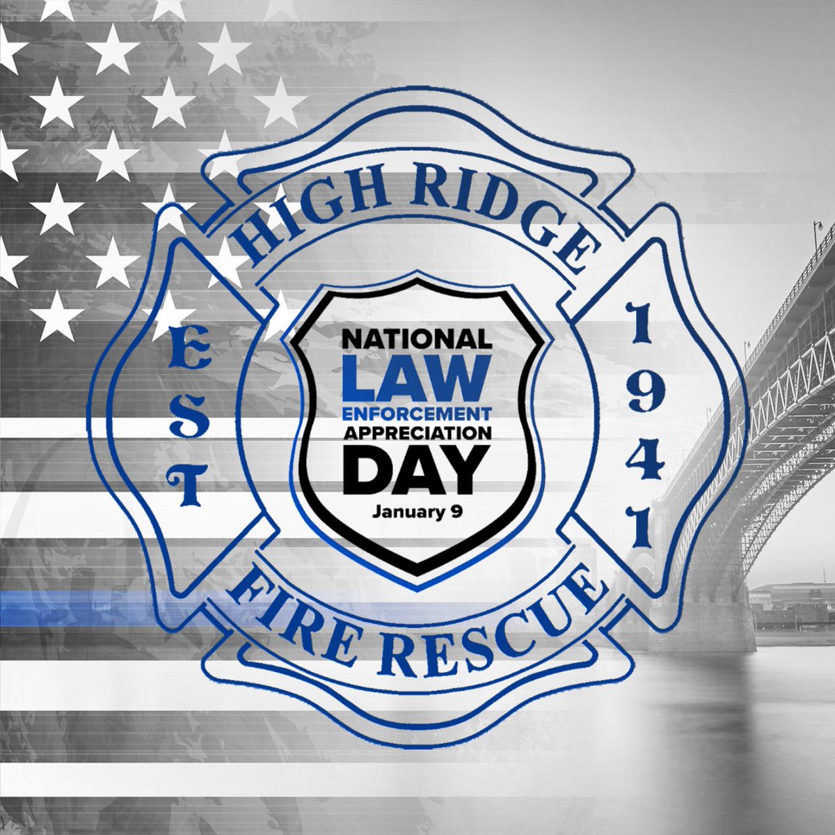 highridgefire's tweet photo. Today is National #LawEnforcementAppreciationDay! We salute the men and women of #ByrnesMillPD, @JeffCoMoSheriff, @MSHPTrooperC, and police officers nationwide, for their service to our communities. Thank you for your courage, sacrifice, and dedication! #BackTheBlue https://t.co/OtjQEY0qa7