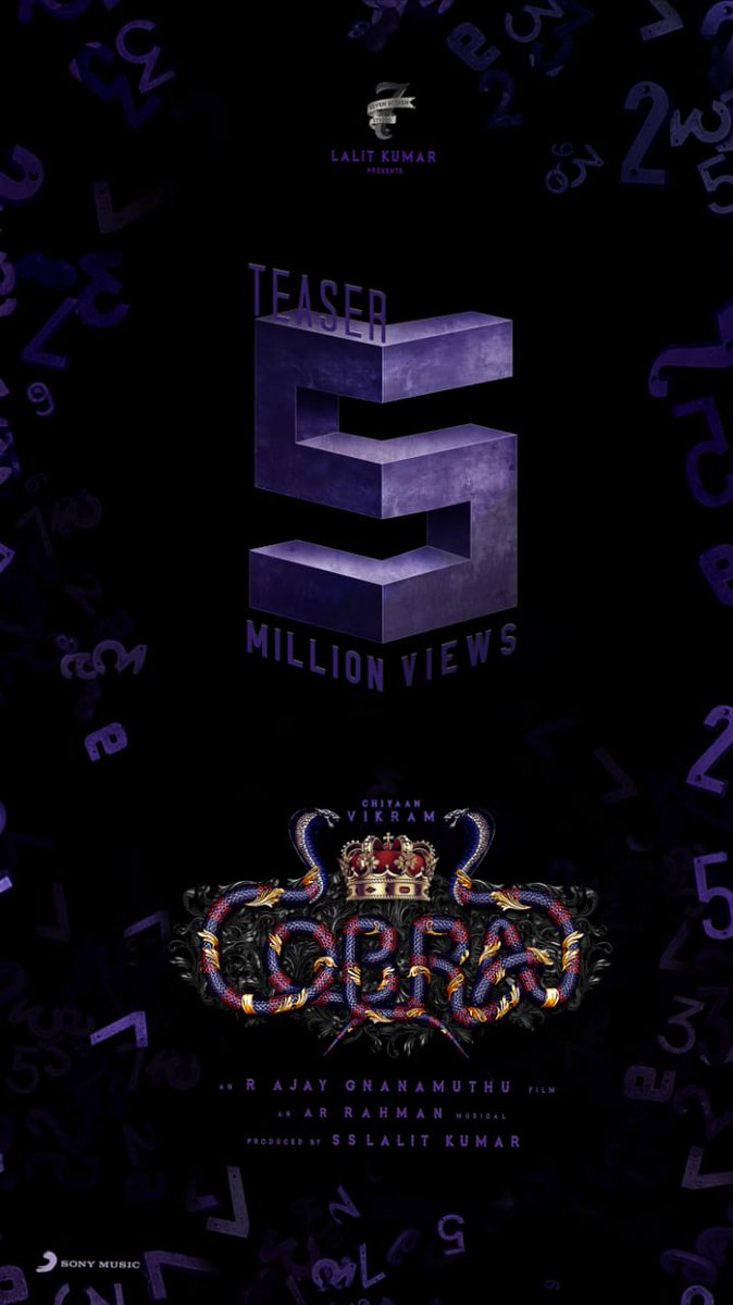 MIND-BOGGLING 5️⃣ MILLION VIEWS for #ChiyaanVikram's #CobraTeaser ! 🔥

➡️ bit.ly/CobraTeaser 

#5MViewsForCobraTeaser 

#Cobra 
<a href="/AjayGnanamuthu/">Ajay R Gnanamuthu</a> <a href="/arrahman/">A.R.Rahman</a> <a href="/IrfanPathan/">Irfan Pathan</a> <a href="/SrinidhiShetty7/">Srinidhi Shetty</a>  <a href="/Lalit_SevenScr/">S S Lalit Kumar</a> <a href="/7screenstudio/">Seven Screen Studio</a> <a href="/sooriaruna/">Suryanarayanan M</a> <a href="/SonyMusicSouth/">Sony Music South India</a>