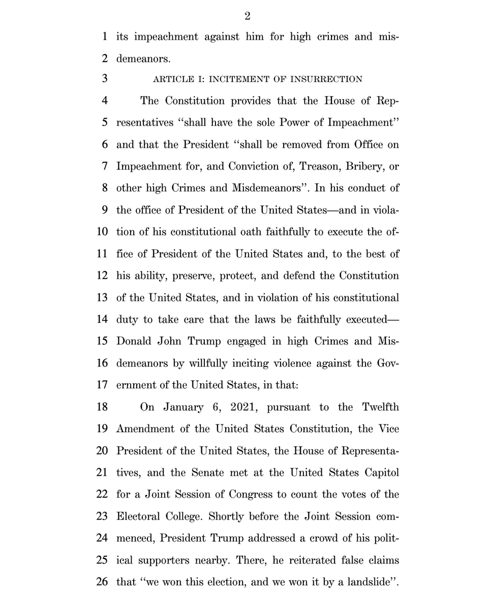 DemocracyDocket's tweet photo. Here is the draft Article of Impeachment: INCITEMENT OF INSURRECTION https://t.co/DorotYJEDi