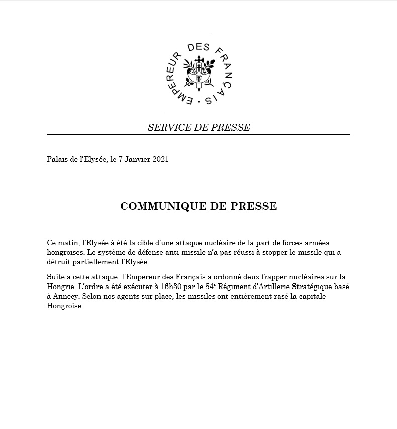 LeVE_Officiel's tweet photo. 🇫🇷- L'Empire français a publié un communiqué cinglant, en réponse aux frappes hongroises sur son sol. La situation est encore critique https://t.co/L0qN5H5dnz
