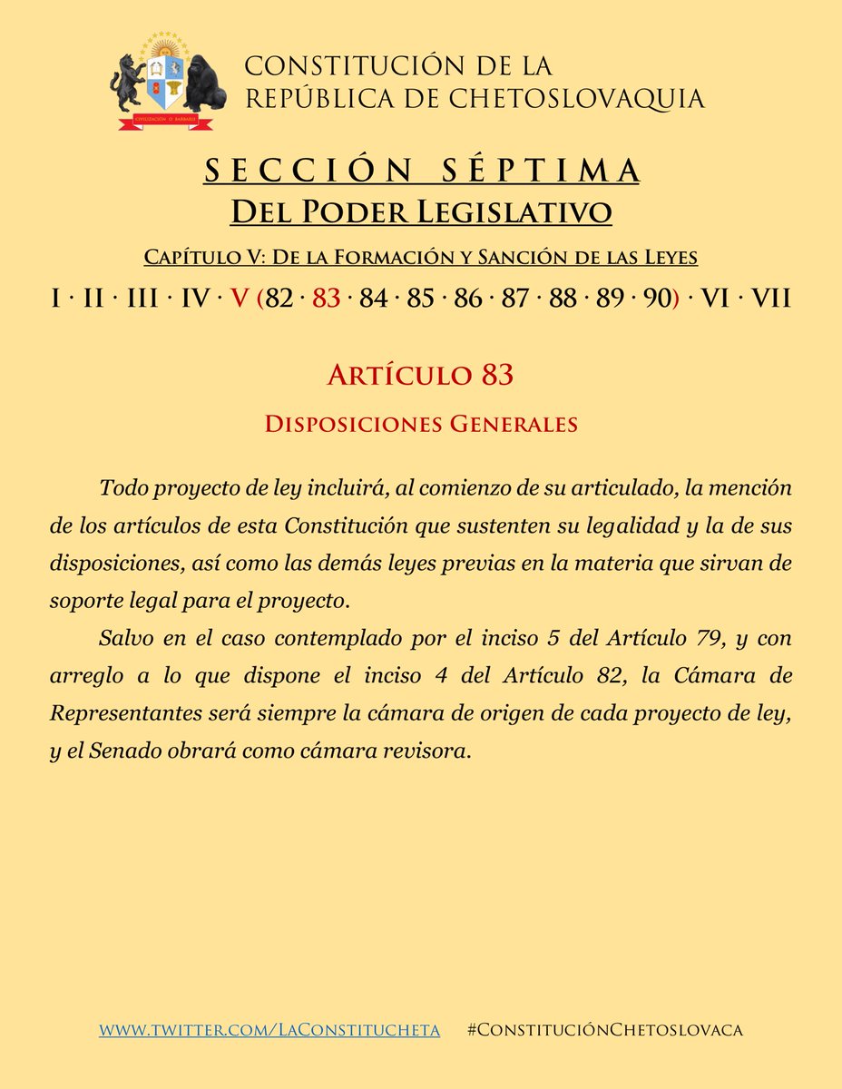 LaConstitucheta's tweet photo. Artículo 83: Toda ley tiene que incluir sus fundamentos constitucionales y legales para que sea fácil buscar referencias.
Y salvo que sea una ley sobre distribución de facultades, el Senado sólo revisa lo que venga de la Cámara de Representantes.
#ConstitucionChetoslovaca https://t.co/o2OylgRxJG