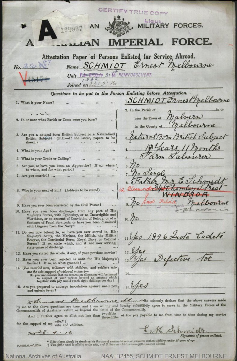 The number appeared to read 28447. I decided to search for this number via the  @naagovau website & this record popped up, showing that a Ernest Melbourne Schmidt held this service number as part of the Australian Imperial Force... 4/11