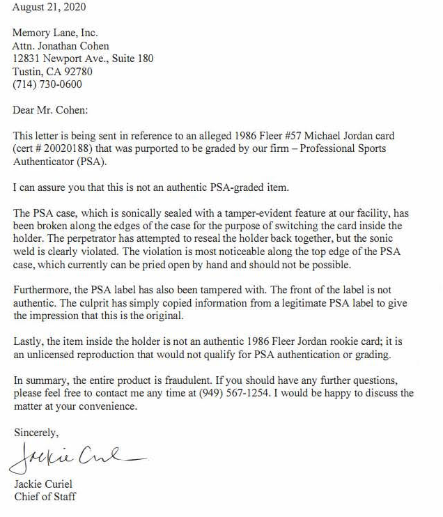 Allegedly the plastic folder and PSA label had been tampered with, and both the PSA label and card inside were fraudulent.