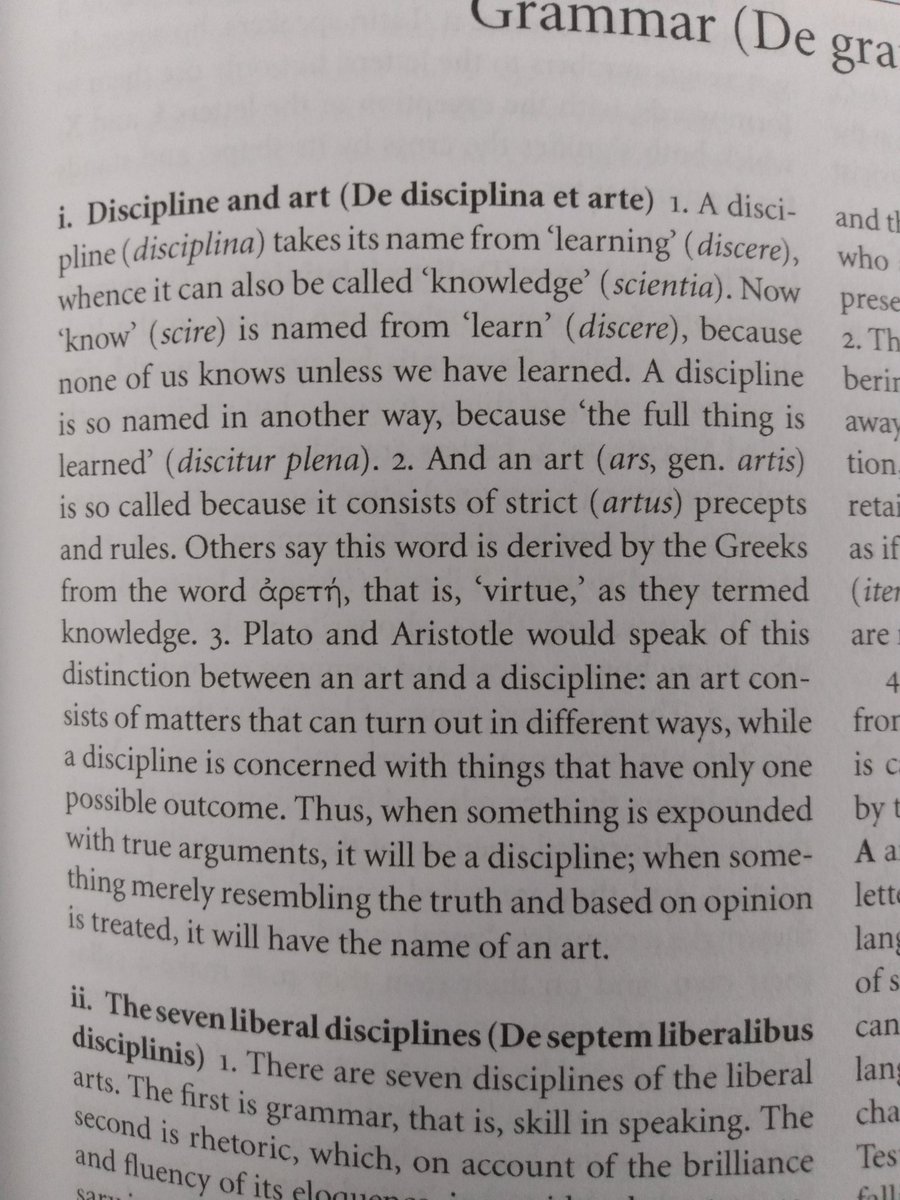 "Discipline" v. "art"Will add excerpts to this thread as I find them noteworthyYes I am planning to read a 7th century encyclopedia cover to cover why do you ask