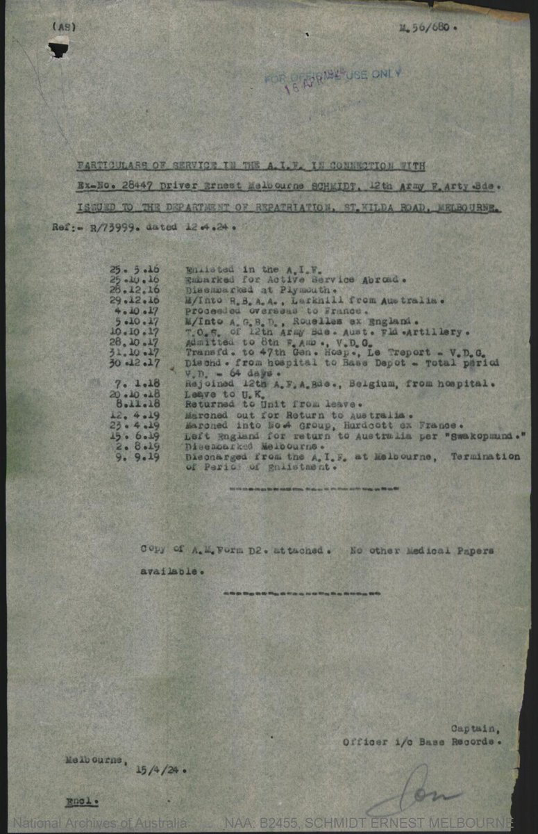 Field Artillery & later became a Driver. He left Melbourne on a ship 'Ulysees' on 25th October 1916, arriving in Plymouth on 28th December. He marched into Larkhill, Salisbury Plain on 29th December 1916 and must have spent several months in England training before... 6/11