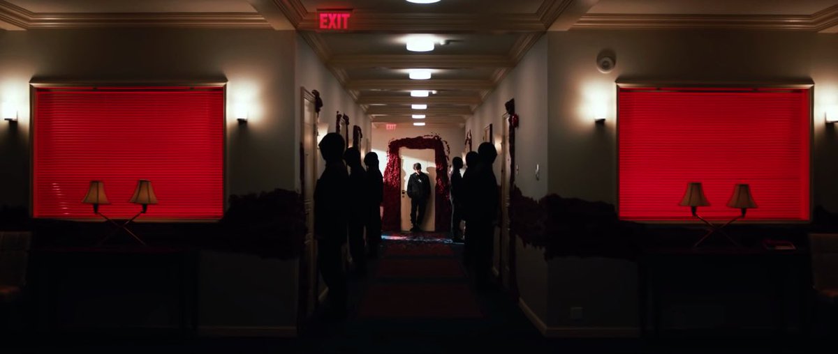 the music video starts with a slow tracking shot in a hallway, that is so reminiscent of The Shining, and tracking and panning shots build suspense because it makes one feel like the subject is being watched and one’s dread builds up as the camera follows them.(s : the shining)