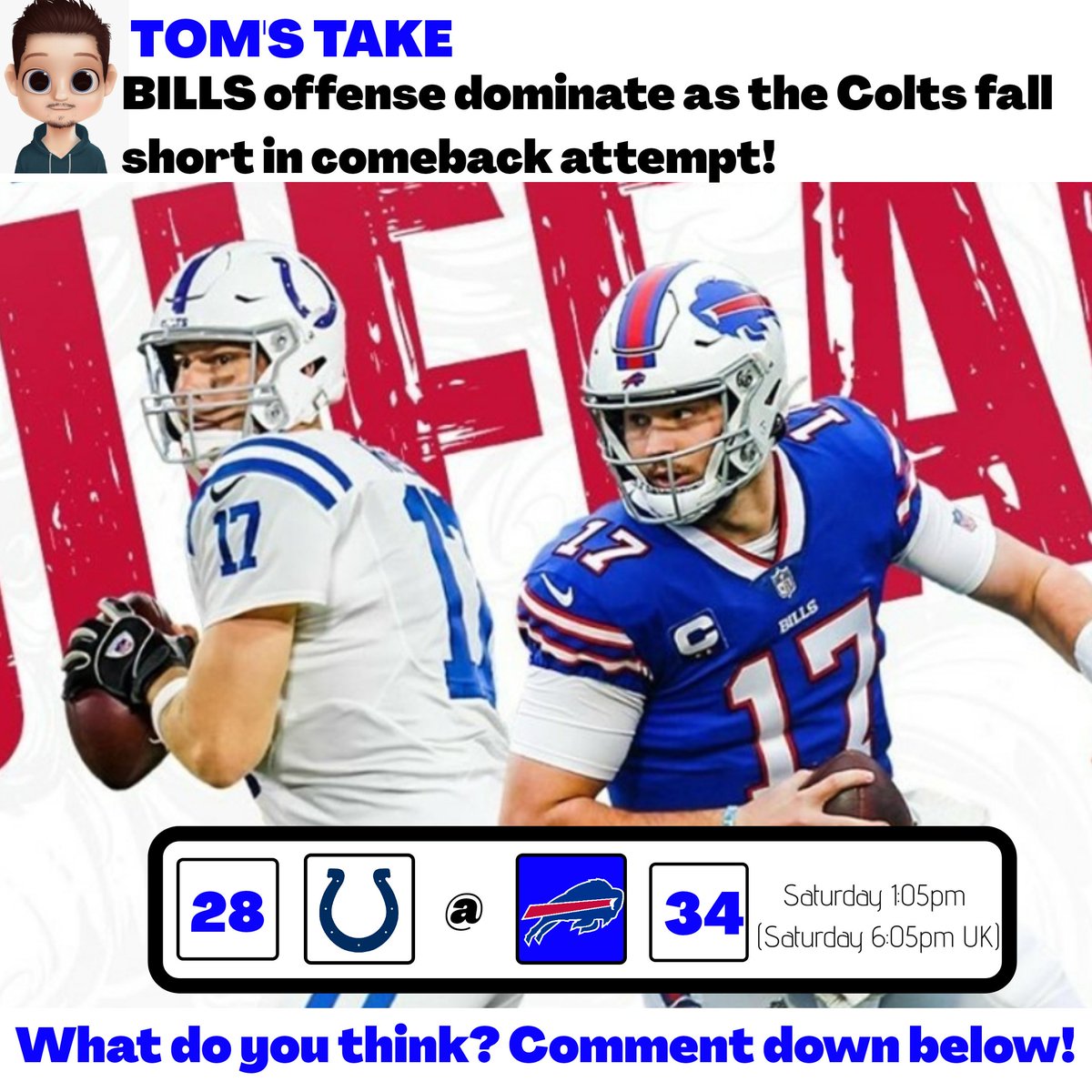 NFLUKOPS's tweet photo. TOM'S TAKE ON THE FIRST #NFL #SUPERWILDCARDWEEKEND MATCHUP BETWEEN @Colts &amp; @BuffaloBills 👇

DO YOU AGREE?

#NFLUK #NFLUKOPS #TOUCHDOWN #NFLTWITTER #BILLS #BILLSMAFIA #COLTS #FORTHESHOE #INDvsBUF #NFLPLAYOFFS #SUPERBOWLLV  #TOMSTAKE #NFLPICKS #NFLPREDICTIONS @JoshAllenQB https://t.co/obo3wG9rUp