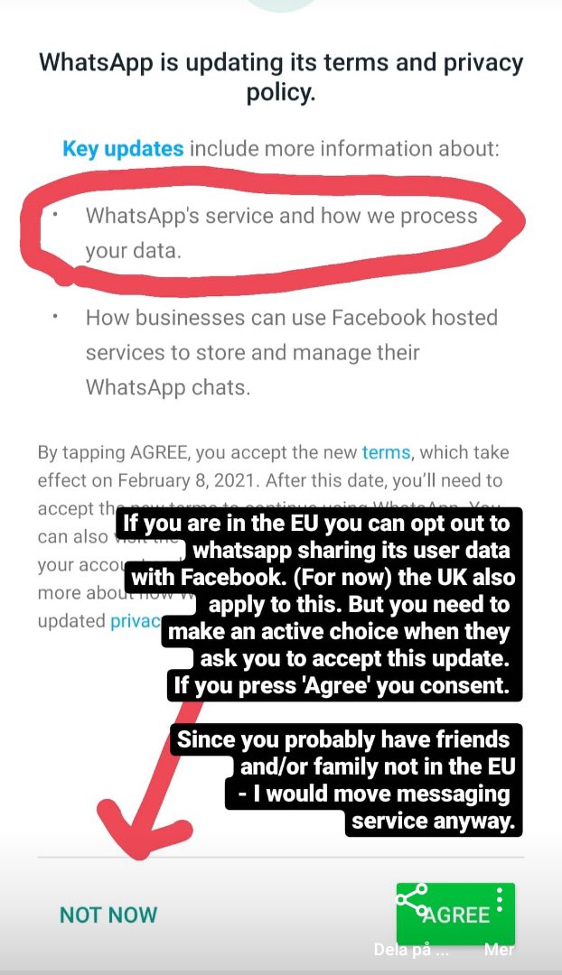 VeeDoodleMee's tweet photo. If you don’t want to share your #WhatsApp user data with #Facebook and you are in the EU you need to actively #optout. ROW - time to move to a different app. #userdata #advertising #privacypolicy https://t.co/MZ7klx6nBg