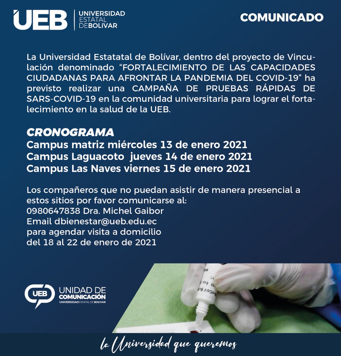 ueboficial_ec's tweet photo. Campaña de pruebas rápidas SARS-COVID-19 se ejecutará en la Universidad Estatal de Bolívar de acuerdo a cronograma.
#JuntosConstruyendoLaUniversidadQueQueremos
#LaUEBLaUniversidadQueQueremos https://t.co/k8J1x2q7hg