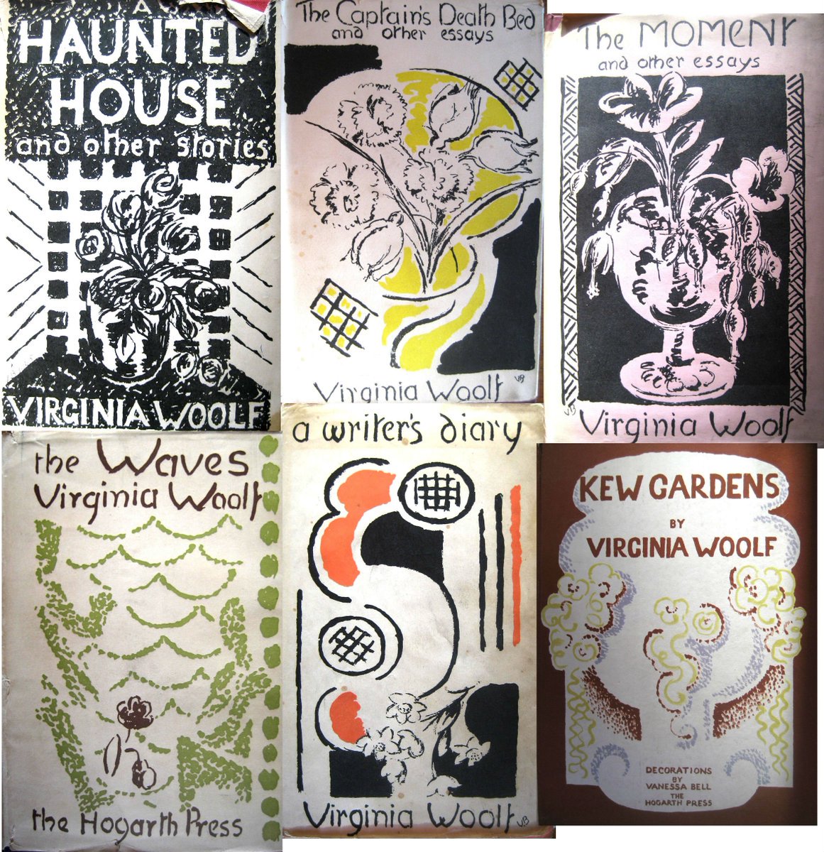 womensart1's tweet photo. English artist Vanessa Bell’s book cover designs for (her sister) Virginia Woolf’s texts (1920s-30s) #womensart https://t.co/burkSoKHNn