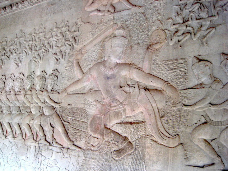 geo-physical centers. There are 1,200 square meters of carved bas reliefs at Angkor Wat, representing eight different Hindu stories. Perhaps the most important narrative represented at Angkor Wat is the “samundra manthan” (Churning of the Ocean of Milk),