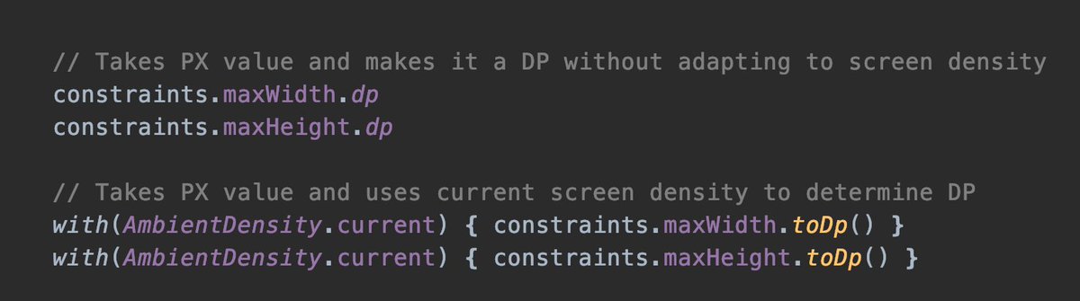 PX - Pixel on the Screen
DP - Density Pixel (A way on Android to adapt to lower/higher resolution screens)

To convert between PX to DP in Jetpack Compose:

CORRECT:
with(AmbientDensity.current) { pxVal.toDp() }

INCORRECT: 
pxVal.dp
(This Doesn't convert based on screen size)