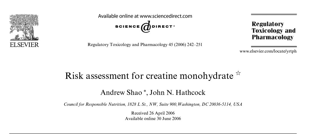 Did you know that there is a journal called “Regulatory Toxicology and Pharmacology” and in 2006 it published “Risk assessment for creatine monohydrate?”It’s true. Let’s see what a toxicology journal has to say.