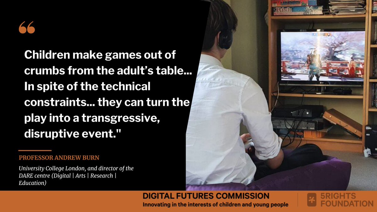 5RightsFound's tweet photo. "Children make games out of crumbs from the adult’s table... In spite of the technical constraints... they can turn the play into a transgressive, disruptive event." - @andrewburn1 for #DigitalFutures https://t.co/FH2ho768JO https://t.co/rzAZ6uOZb5