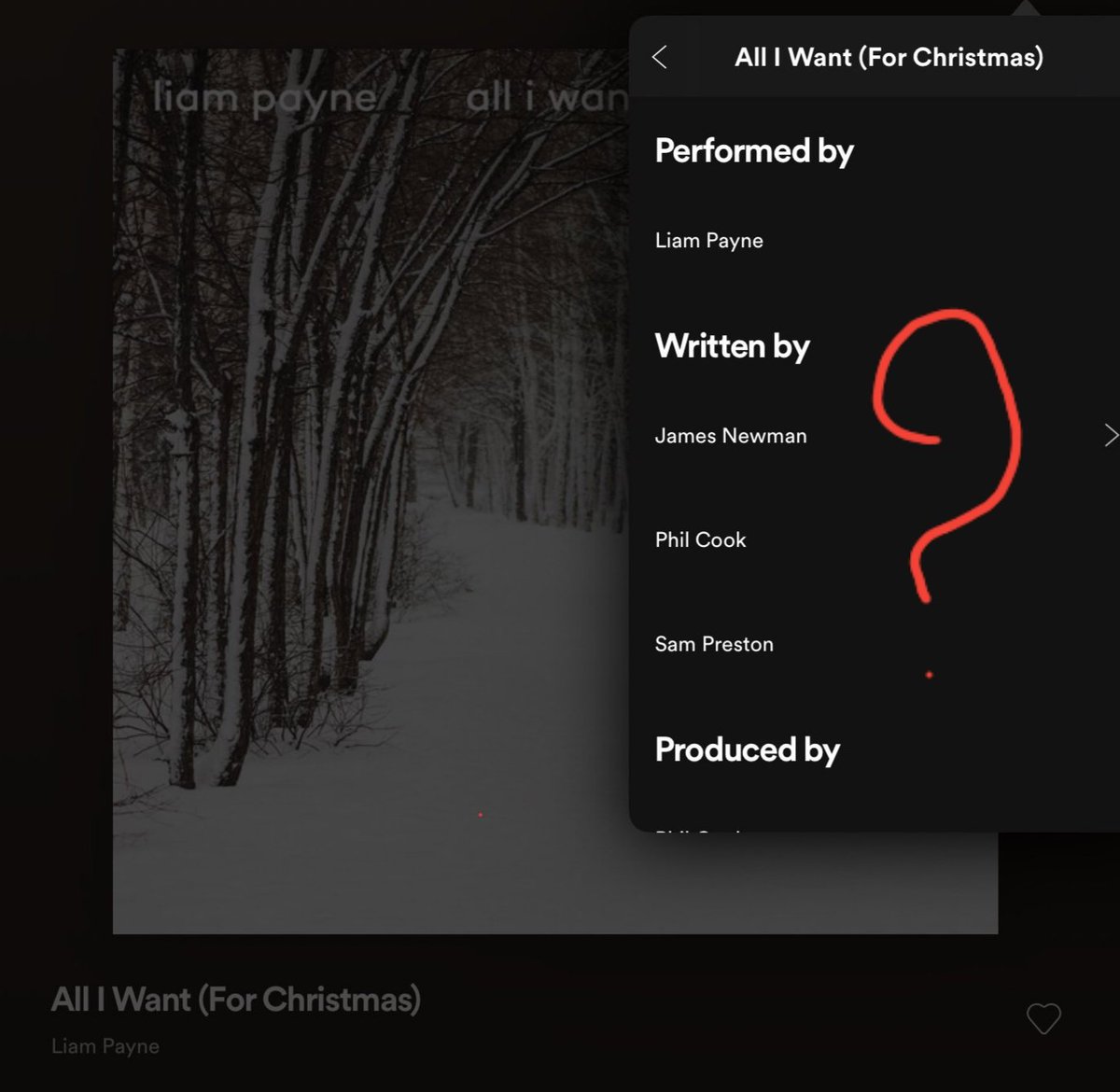 Let's take All I want (for Christmas) as an example. We have 2 sources that say 2 different things but then, we have Liam talking about it with his own words. Genius            Spotify