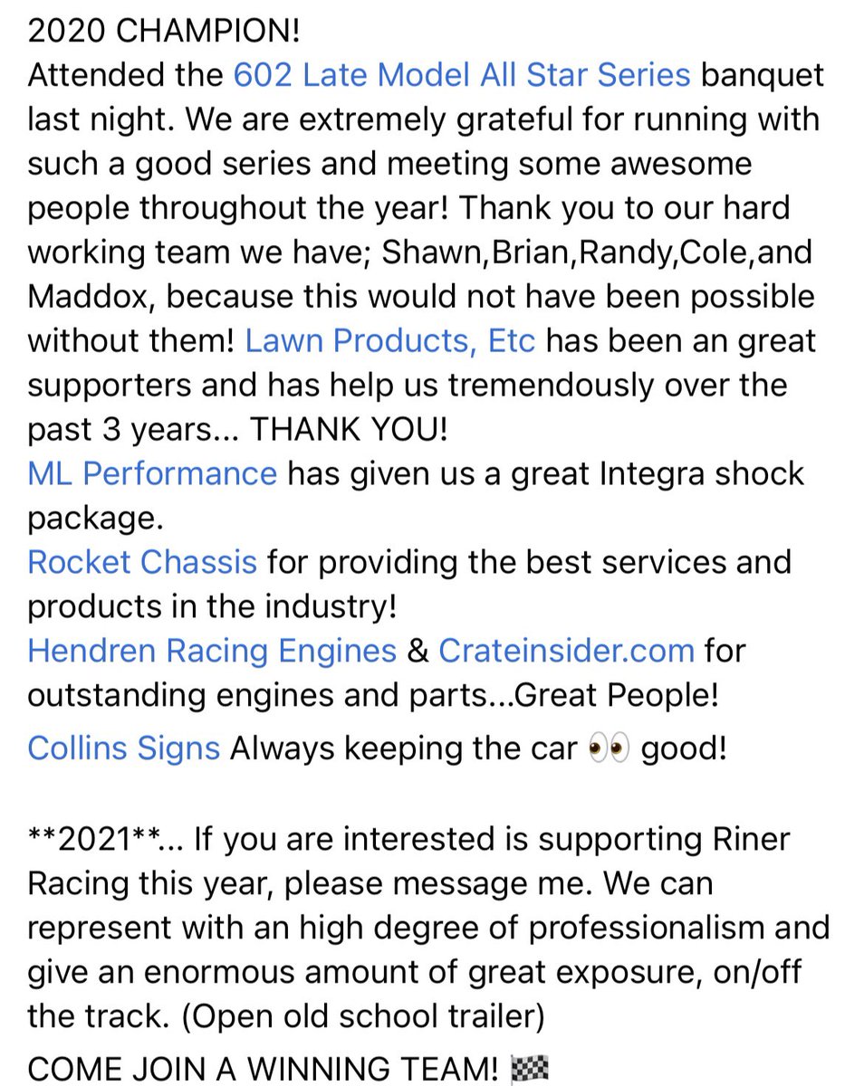 RinerRacing6's tweet photo. 2020 Champion! Thanks for these great companies. @Rocket_Chassis great services and products leading the industry! @CrateInsider, @mlsuspension, Collins Signs,Lawn Products Etc, Hendren Race Engines. -Anyone interested helping a small successful team for 2021, please message me! https://t.co/RdICkfk1x4