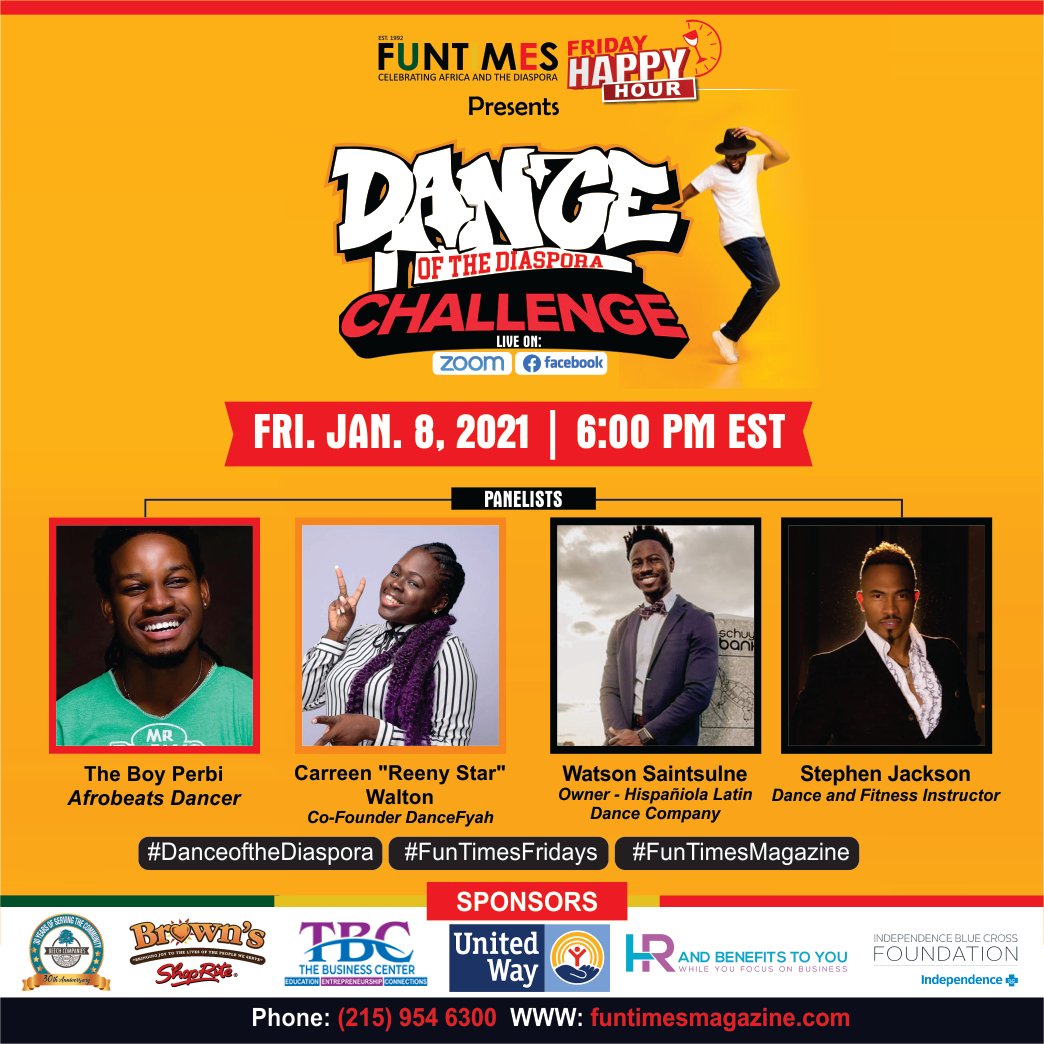 FunTimesMag's tweet photo. Thank You to everyone that joined us to kick off our 2021 #FunTimesFriday events, and thank you to all of our panels for teaching us.

The prize for our #DanceoftheDiasporaChallenge is now $100 thanks to Stephen Jackson! And the challenge has been extended to Jan 18th! https://t.co/hjOjLS8mRA