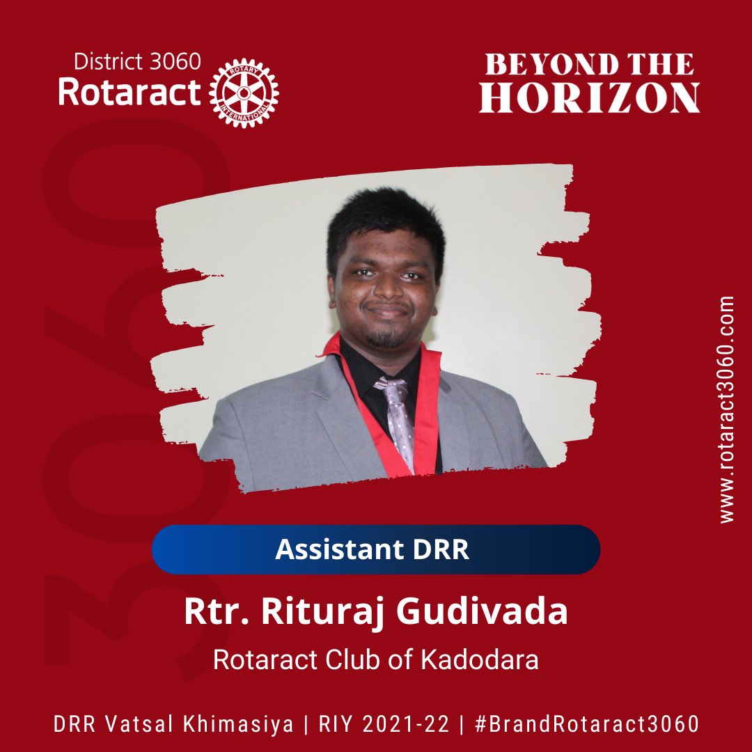 Rotaract3060's tweet photo. We’re presenting,
Rtr. Rituraj Gudivada from Rotaract Club of Kadodara as
𝐀𝐬𝐬𝐢𝐬𝐭𝐚𝐧𝐭 𝐃𝐑𝐑 𝟐𝐎𝟐𝟏-𝟐𝟐
#Rotary3060 #Rotaract3060 #PeopleOfAction #RotaryInternational #brandrotaract3060 #RotaractIndia #rotaryindia #rotaractdistrict #BeyondTheHorizon #RID3060 #ADRR https://t.co/c2aDvsOPXT
