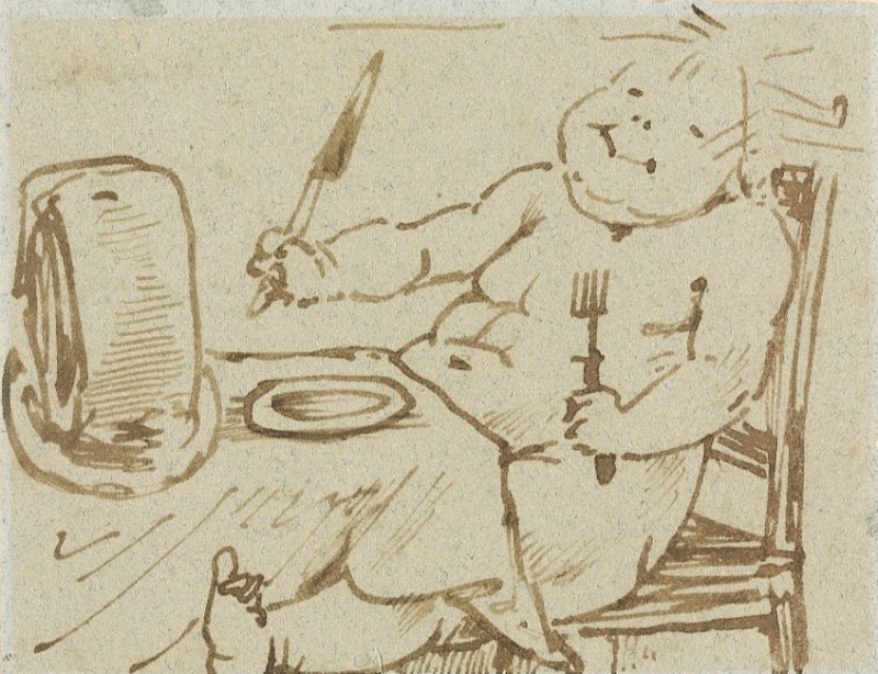 Edward Coley Burne-Jones, (1833-1898), Fat Baby at TablePen and brown ink on blue paper.3 7/8 x 4 3/8 in
